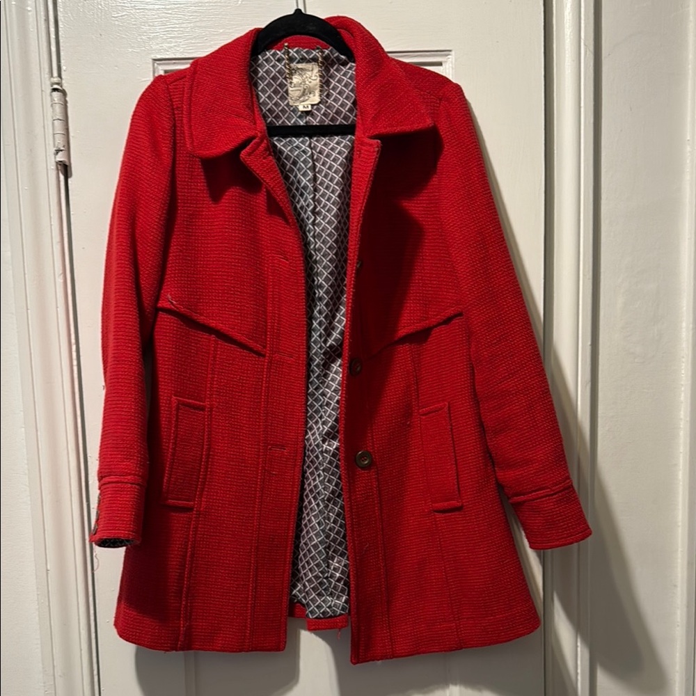 Tulle Red Pea Coat with Classic Notched Lapels